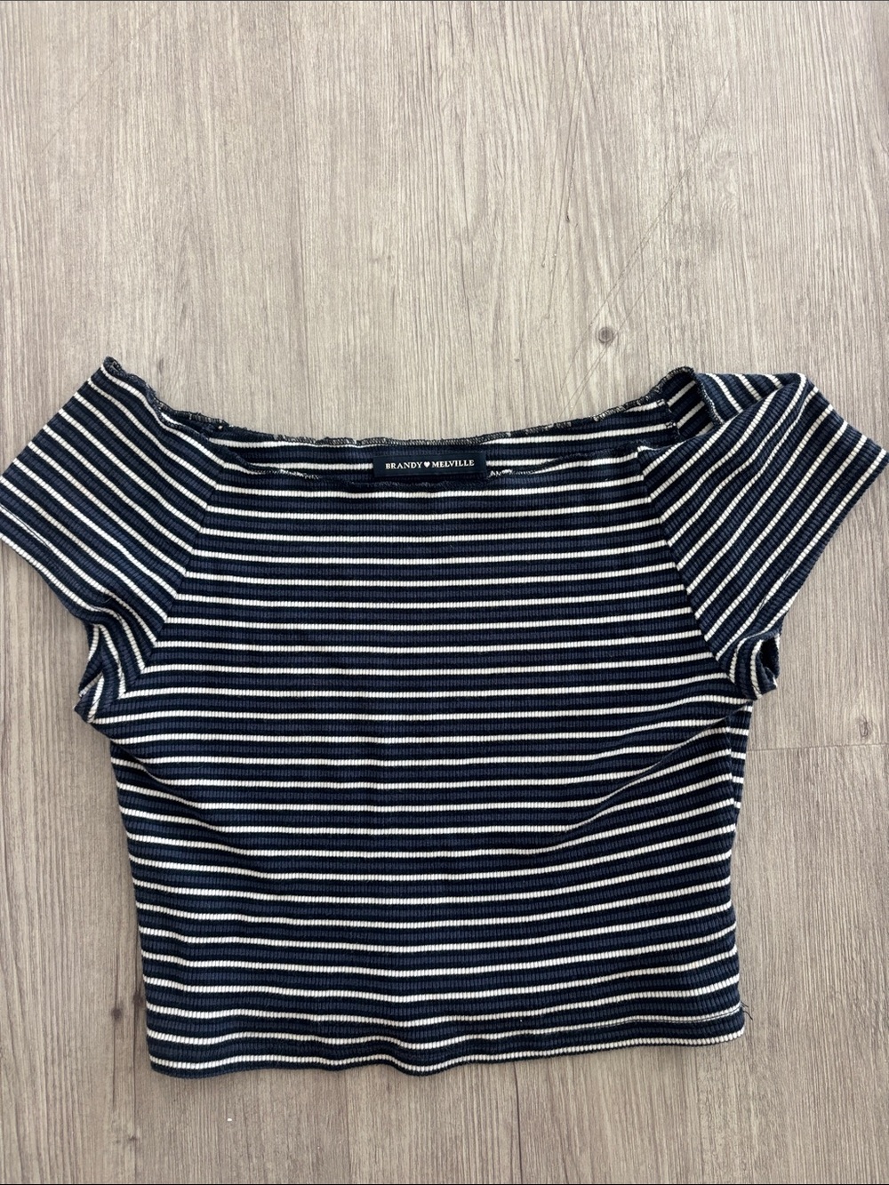 Brandy Melville Navy & White Striped Off-Shoulder Crop Top